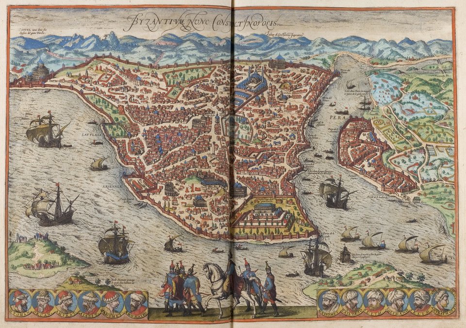 Widok Konstatynopola ok. 1572 r. w dziele Georga Brauna; Frans Hogenberga: „Civitates Orbis Terrarum” wydany w Kolonii w 1582 r. Widok Konstatynopola ok. 1572 r. w dziele Georga Brauna; Frans Hogenberga: „Civitates Orbis Terrarum” wydany w Kolonii w 1582 r. Źródło: Georg Braun, Frans Hogenberg, 1572, domena publiczna.