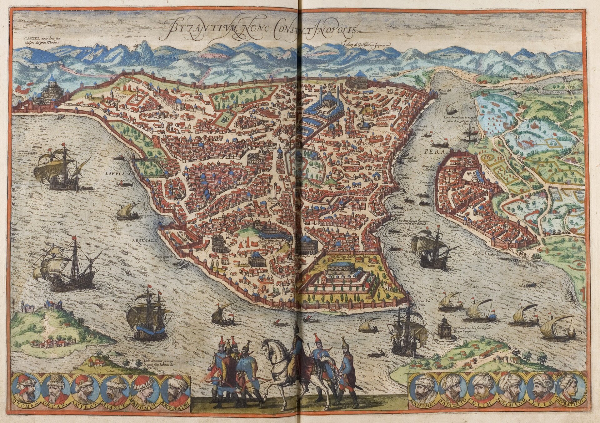 Widok Konstatynopola ok. 1572 r. w dziele Georga Brauna; Frans Hogenberga: „Civitates Orbis Terrarum” wydany w Kolonii w 1582 r. Widok Konstatynopola ok. 1572 r. w dziele Georga Brauna; Frans Hogenberga: „Civitates Orbis Terrarum” wydany w Kolonii w 1582 r. Źródło: Georg Braun, Frans Hogenberg, 1572, domena publiczna.