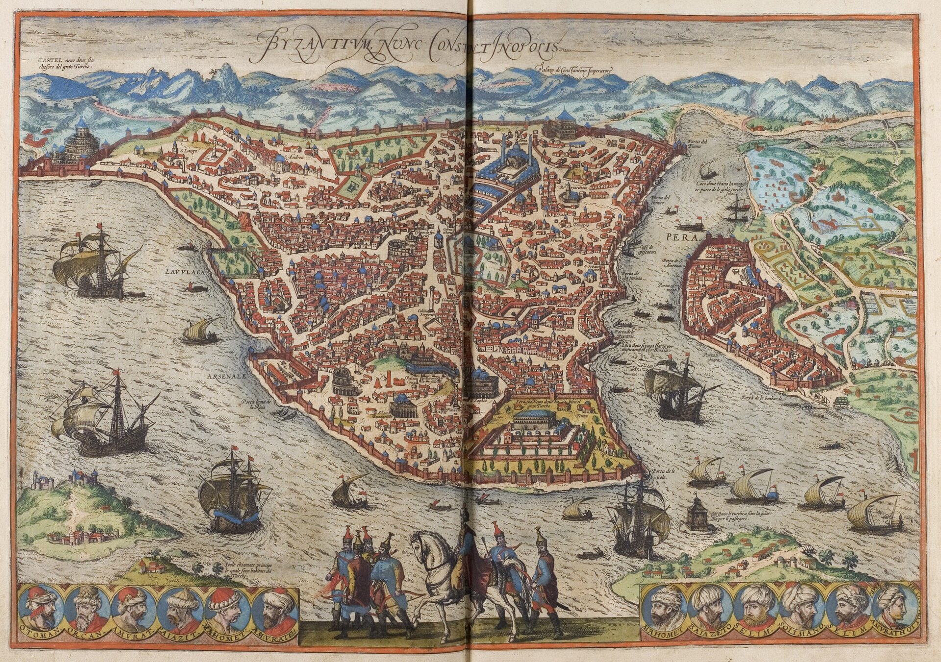 Widok Konstatynopola ok. 1572 r. w dziele Georga Brauna; Frans Hogenberga: „Civitates Orbis Terrarum” wydany w Kolonii w 1582 r. Widok Konstatynopola ok. 1572 r. w dziele Georga Brauna; Frans Hogenberga: „Civitates Orbis Terrarum” wydany w Kolonii w 1582 r. Źródło: Georg Braun, Frans Hogenberg, 1572, domena publiczna.