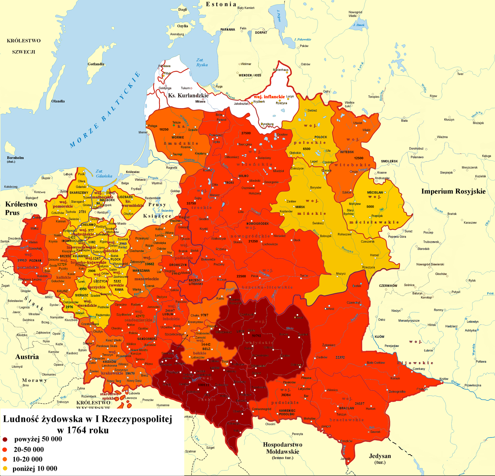 mapa liczba ludności żydowskiej z podziałem na województwa w 1764