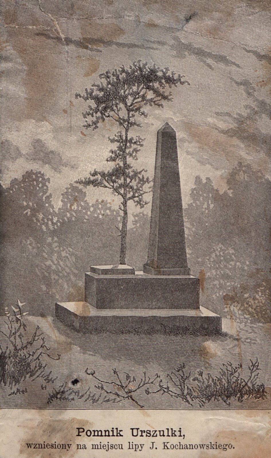 Pomnik Urszulki, wzniesiony na miejscu lipy J. Kochanowskiego Źródło: Edward Karol Nicz, Pomnik Urszulki, wzniesiony na miejscu lipy J. Kochanowskiego, 1868, drzeworyt, domena publiczna.