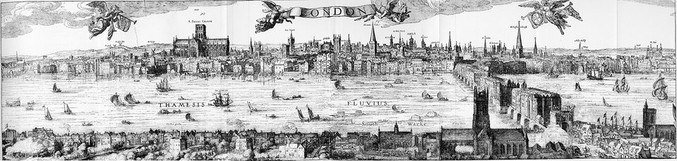 Panorama Londynu z widokiem na port na Tamizie wg ryciny Claesa van Visschera z 1616 r. Panorama Londynu z widokiem na port na Tamizie wg ryciny Claesa van Visschera z 1616 r. Źródło: Claes van Visscher, 1616, domena publiczna.