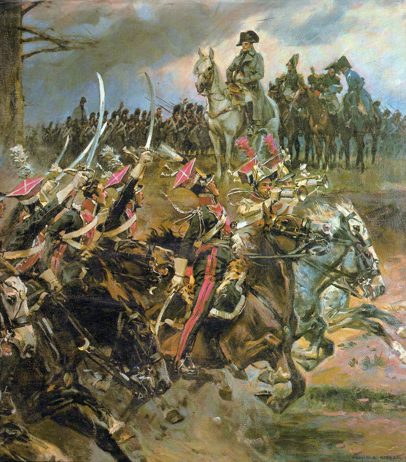 Niech żyje cesarz! Źródło: Wojciech Kossak, Niech żyje cesarz!, 1914, Kazimierz Olszański: Wojciech Kossak, Ossolineum 1982., domena publiczna.