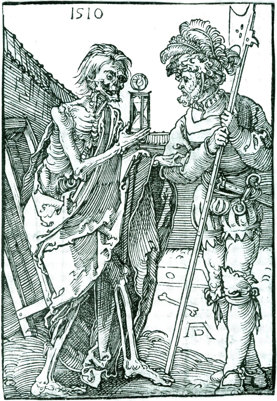 Śmierć i rycerz Wyjaśnij, co symbolizuje przedmiot trzymany przez Śmierć. Źródło: Albrecht Dürer, Śmierć i rycerz, 1510, drzeworyt, domena publiczna.