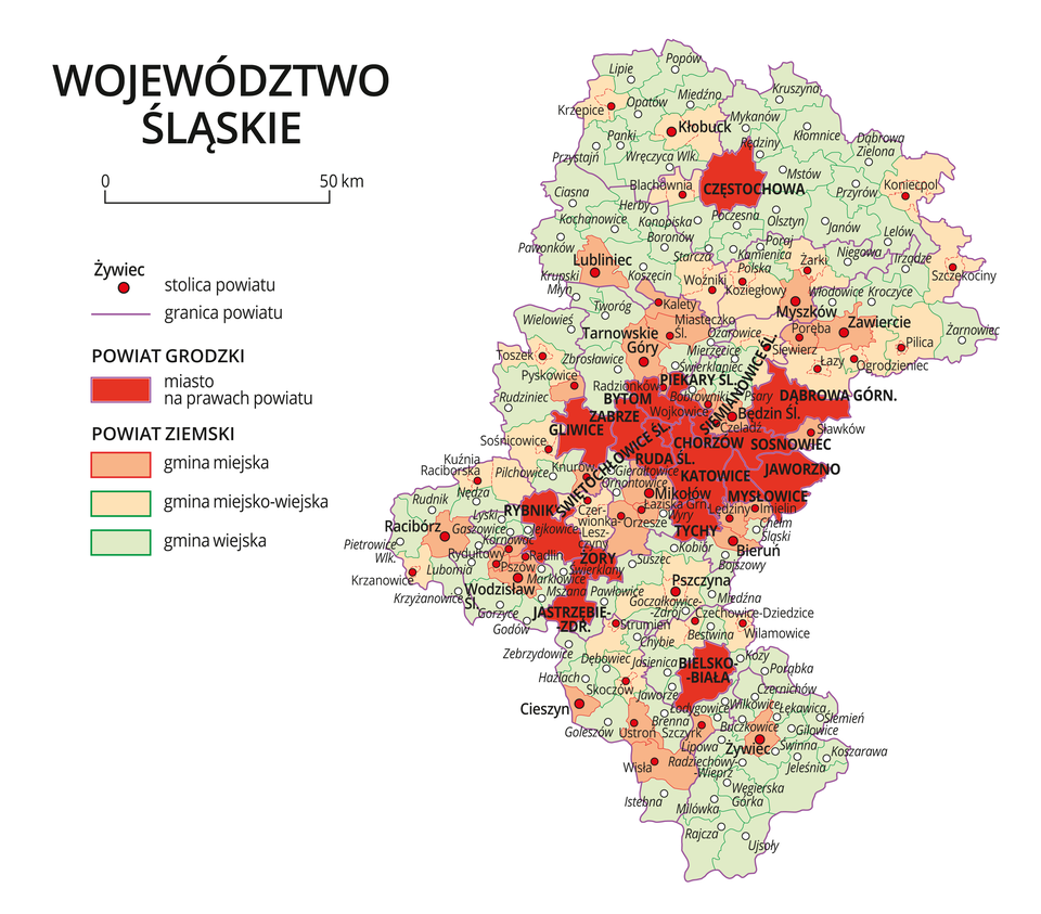 Mapa województwa śląskiego. Na mapie fioletowymi liniami zaznaczono granice powiatów ziemskich, dużymi czerwonymi kropkami zaznaczono miasta będące stolicami powiatów. W obrębie powiatów ziemskich kolorami wyróżniono gminy miejskie, miejsko-wiejskie i wiejskie. Czerwonym kolorem wyróżniono powiaty grodzkie z miastami na prawach powiatu, miasta te opisano dużymi literami. Kolory i znaki użyte na mapie opisano w legendzie. W legendzie podziałka liniowa.
