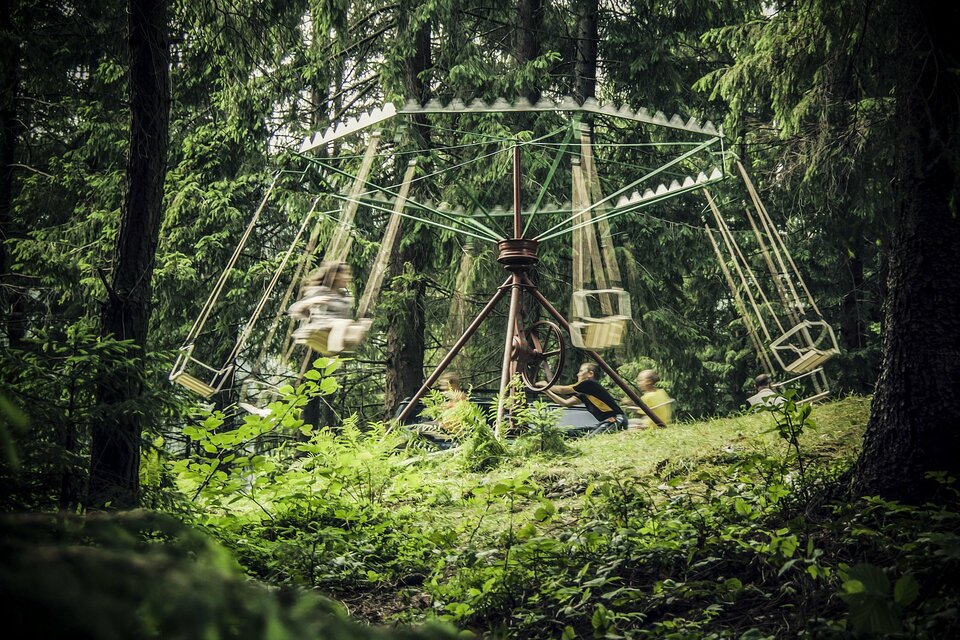 Zdjęcie przedstawia zabawę dzieci na karuzeli łańcuchowej stojącej w lesie lub gęstym parku. Fotograf obserwuje bawiących się zza drzew. Karuzela napędzana jest ręcznie za pomocą mechanizmu z dużym kołem zamachowym w samym środku, którym obraca chłopiec ubrany w czarnożółtą koszulkę. Reszta dzieci siedzi na krzesełkach. Obraz w miejscach poruszających się jest nieco rozmyty, co sugeruje dużą prędkość ruchu karuzeli.