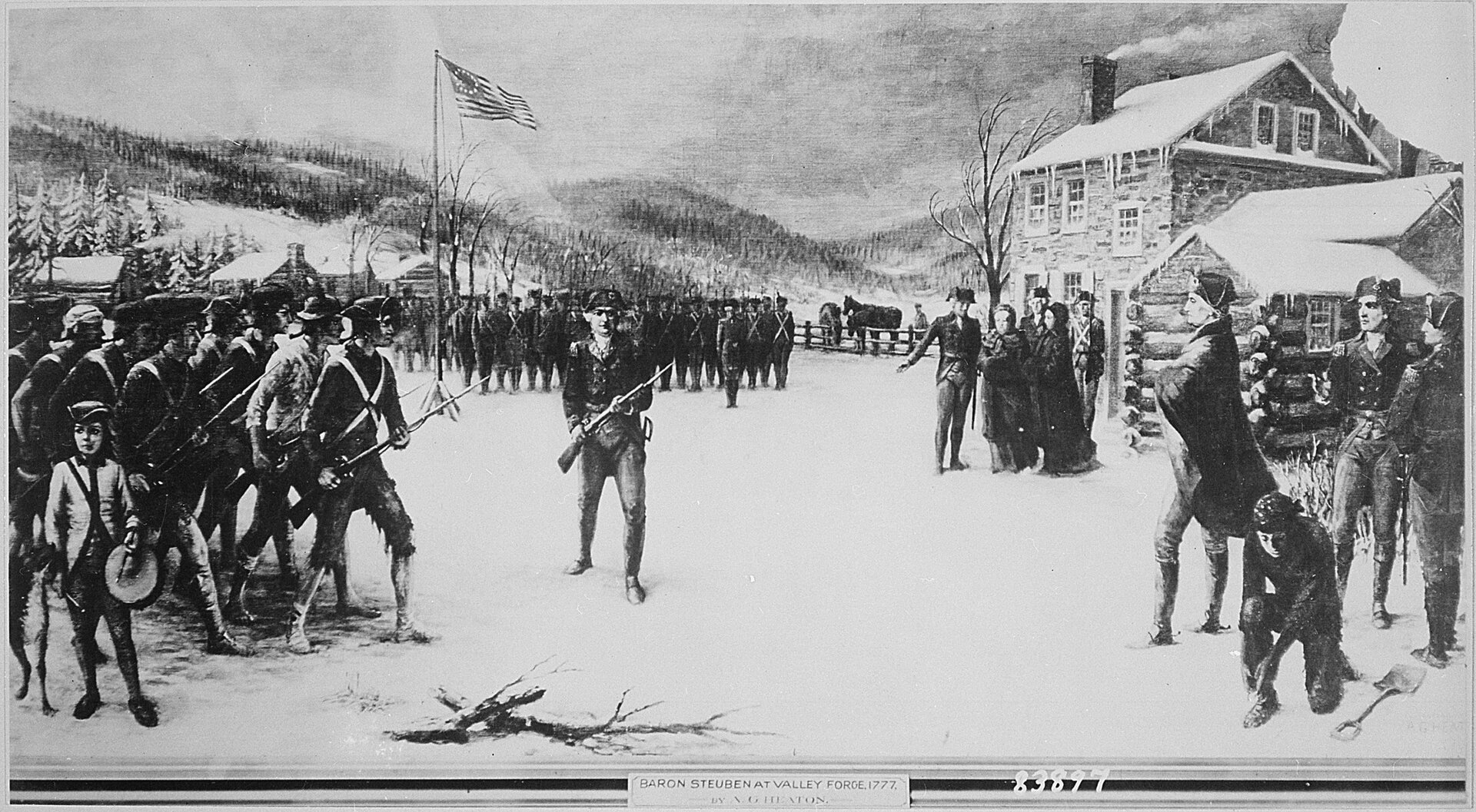 Generał von Steubena Obraz prezentujący gen. von Steubena który szkolił armię kontynentalną w Valley Forge po początkowych klęskach armii rewolucyjnej. Ochotnicza armia dowodzona przez gen. Jerzego Waszyngtona początkowo nie miała szans w starciu z regularnymi, dobrze przeszkolonymi oddziałami brytyjskimi. Dopiero mordercze ćwiczenia narzucone przez dawnego pruskiego oficera przekształciły armię amerykańską w siłę zdolną pokonywać Brytyjczyków. Źródło: Generał von Steubena, 1777, National Archives and Records Administration, College Park, domena publiczna.