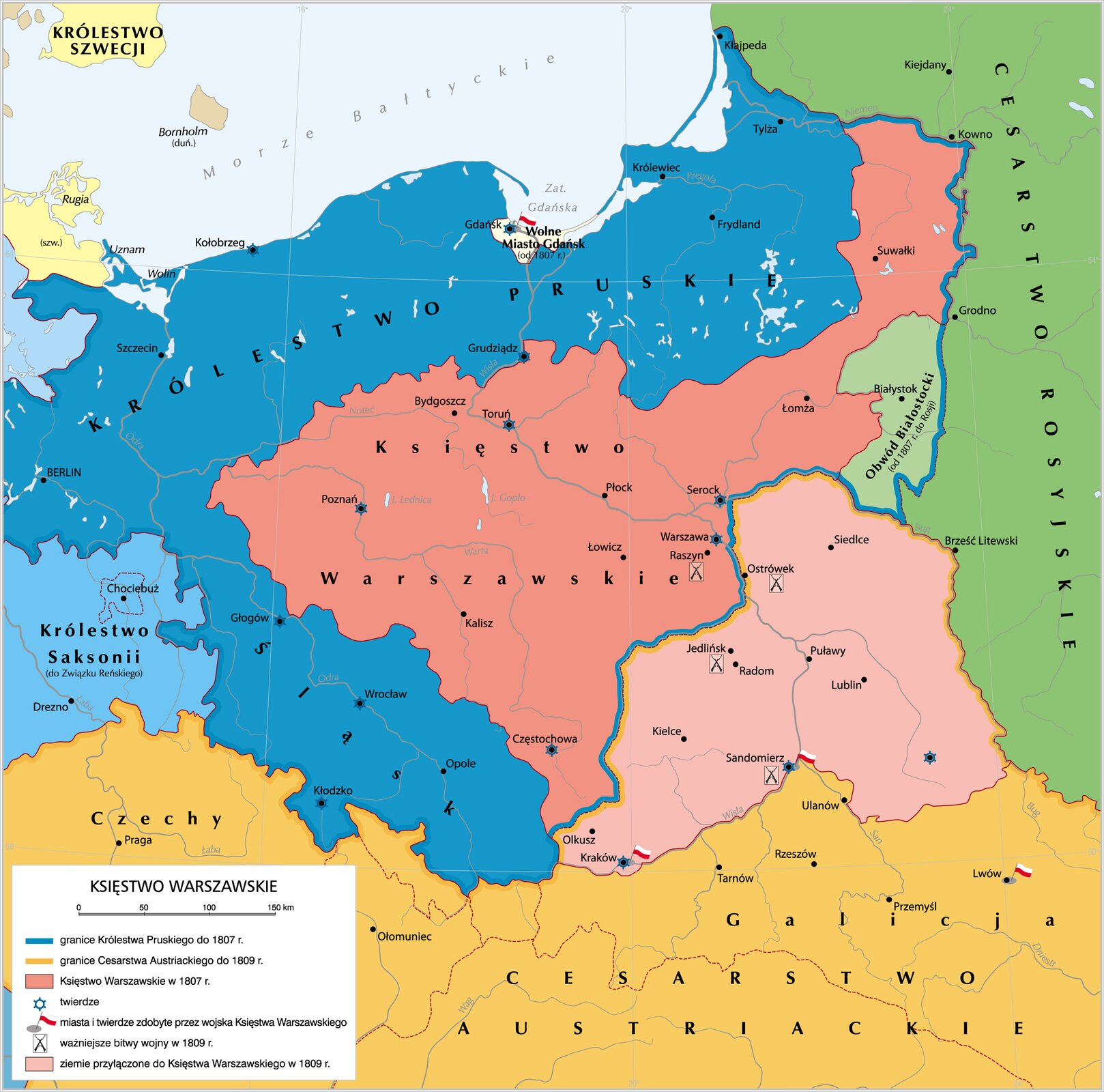 Mapa Księstwo Warszawskie Źródło: Krystian Chariza i zespół, licencja: CC BY 3.0.