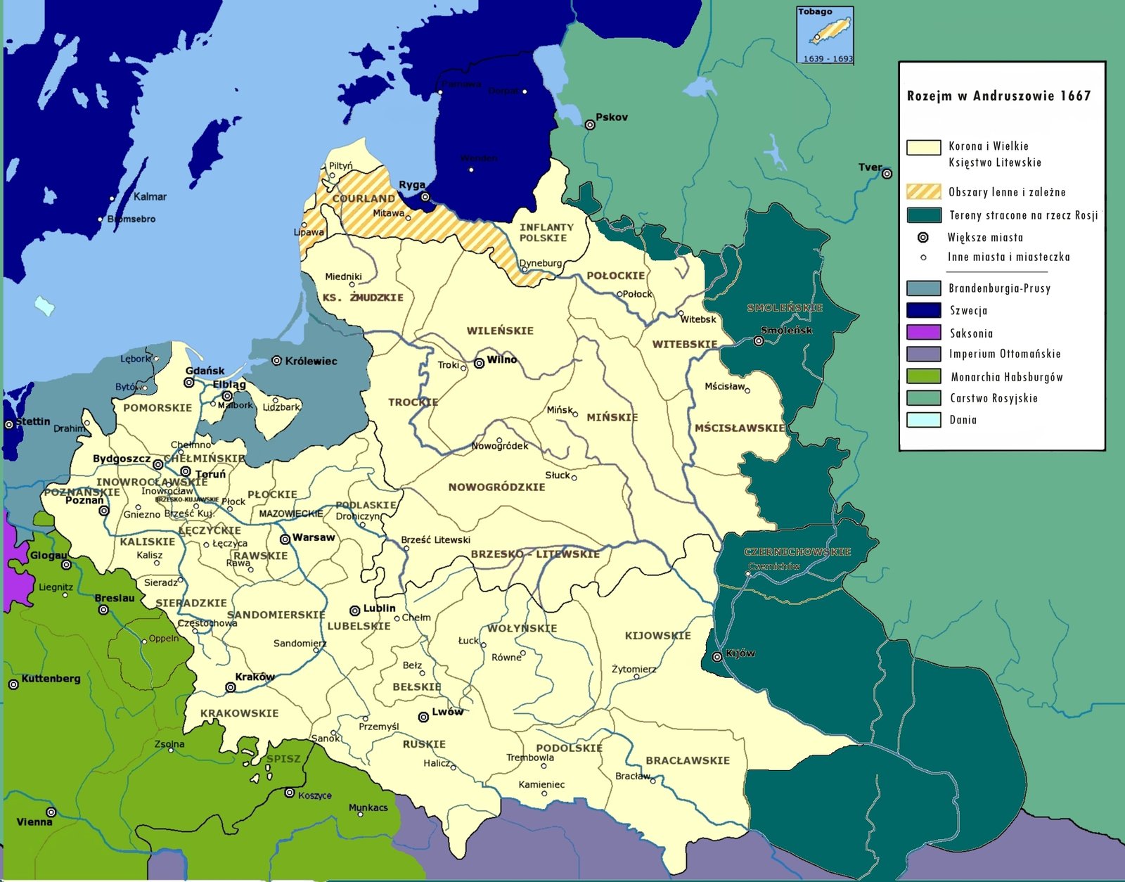Skutki rozejmu andruszowskiego 1667 Rzeczpospolita w 1667 roku - skutki rozejmu andruszowskiego. Kolorem ciemnozielonym zaznaczono ziemie Rzeczypospolitej utracone na rzecz Carstwa Rosyjskiego na mocy tego rozejmu. Źródło: Skutki rozejmu andruszowskiego 1667, domena publiczna.