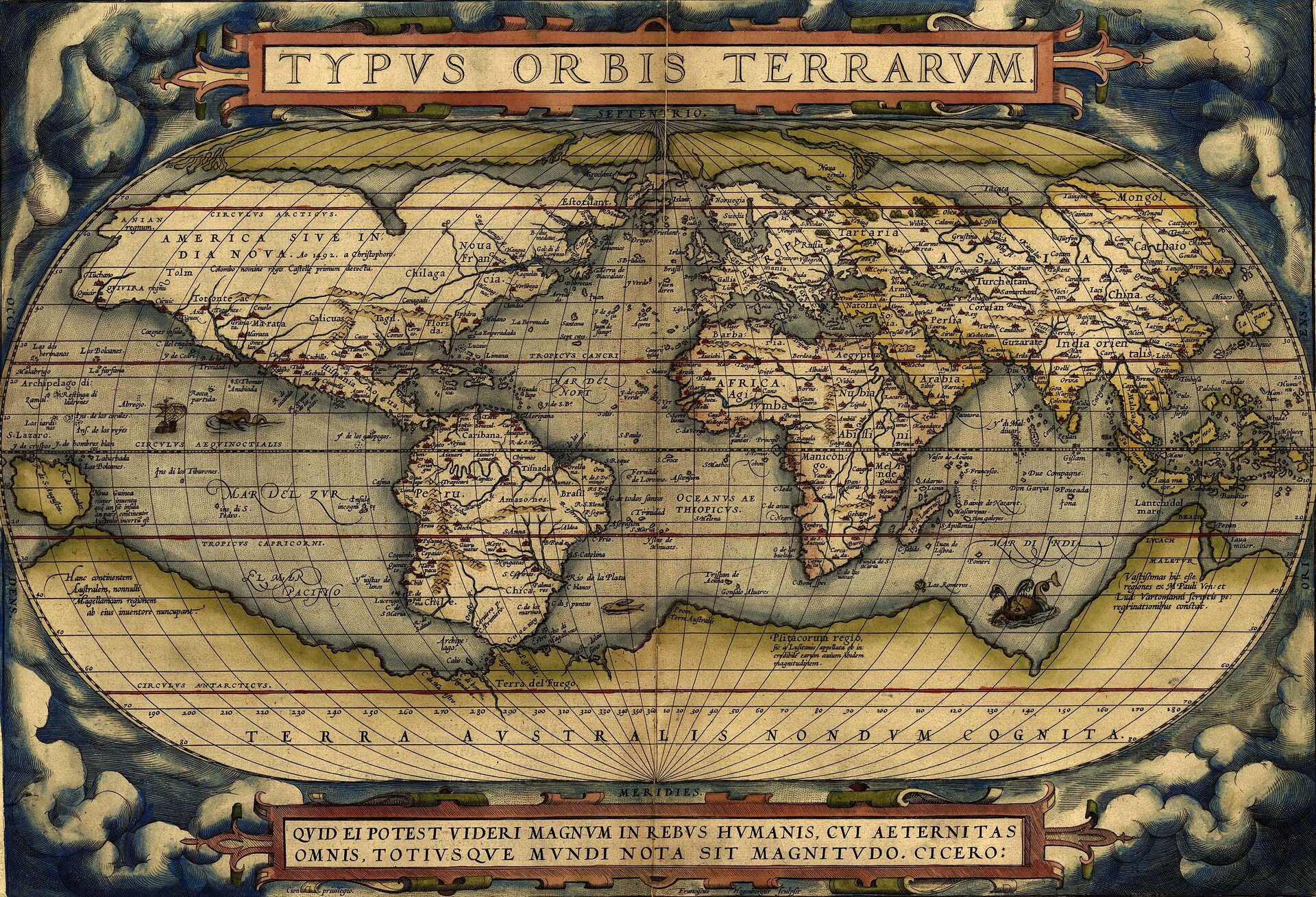 Mapa świata Orteliusa, 1570 Mapa świata Orteliusa, 1570 Źródło: Abraham Ortelius, domena publiczna.