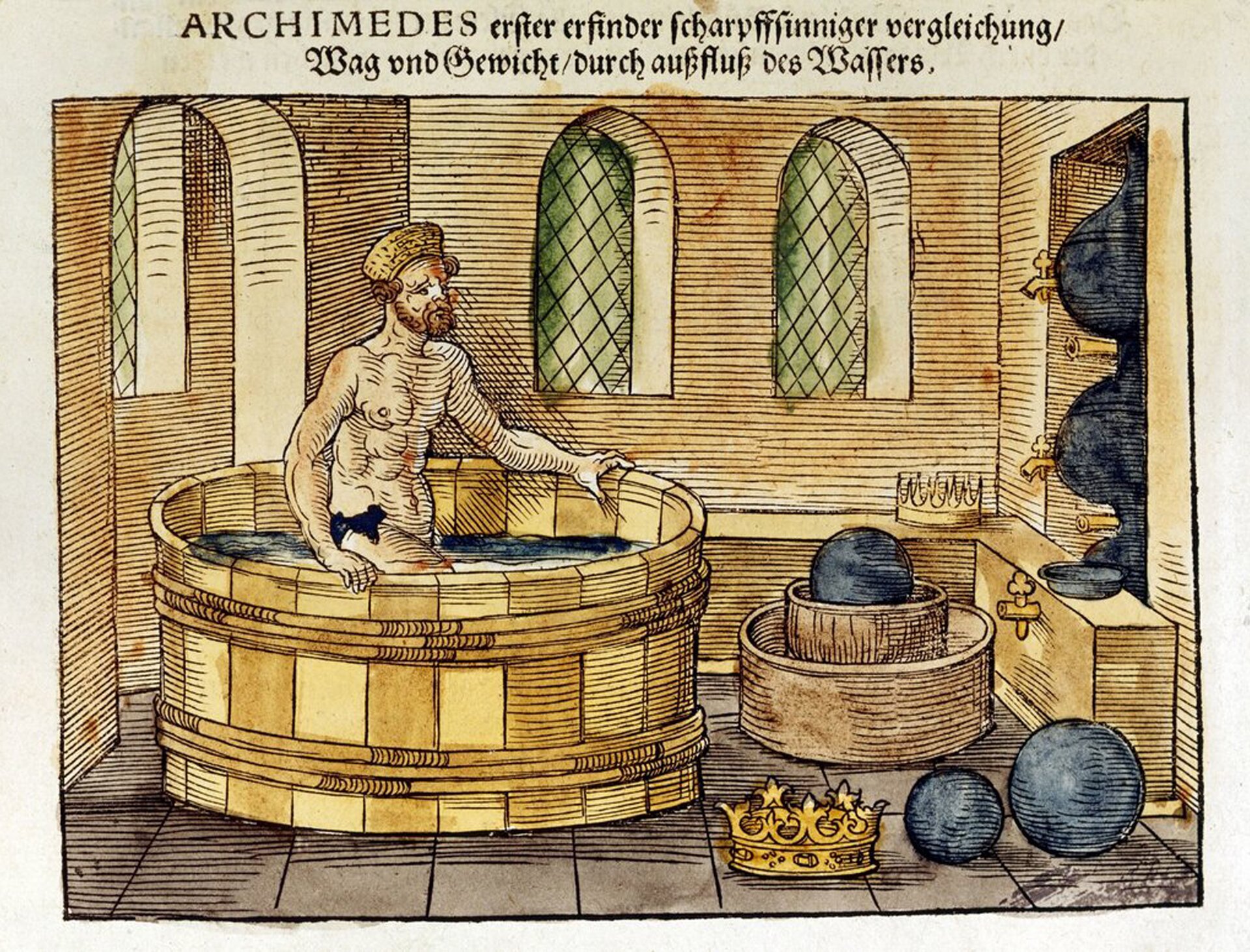 Rysunek ma postać ilustracji ze starodruku. U góry rysunku znajduje się napis w języku niemieckim napisany gotykiem. Wyróżnia się pierwsze słowo „ARCHIMEDES”. Rysunek przedstawia wnętrze antycznej łaźni. W centrum rysunku znajduje się okrągła balia, w której zanurzony jest do połowy uda Archimedes. Jest to moment, w którym odkrył prawo nazywane jego imieniem. Sugerują to widoczne na ilustracji atrybuty m.in. leżąca na posadzce złota korona. To właśnie sprawdzając czy jest ona szczerozłota Archimedes zwrócił uwagę jak wypierają wodę zanurzone w niej przedmioty i sformułował prawo nazywane dziś prawem Archimedesa.