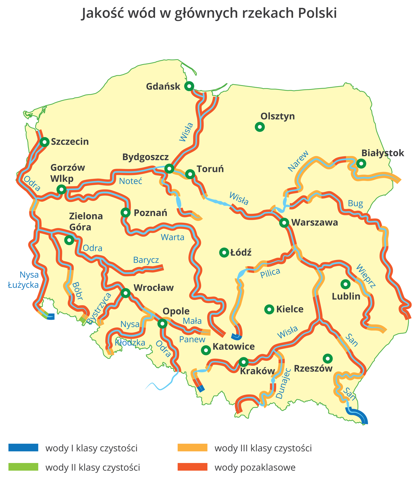 Ilustracja przedstawia mapę Polski z zaznaczonymi rzekami. Ich odcinki zostały oznakowane kolorami, odnoszącymi się do stopnia zanieczyszczenia. Niebieskie wody I klasy czystości znajdują się tylko na krótkich odcinkach w górnym biegu Sanu, Wisły i Nysy Łużyckiej (poza granicami). Zielone wody II klasy czystości wskazano jedynie na krótkim odcinku w górnym biegu Bobru. Pozostałe części rzek to krótkie odcinki klasy III, a większość rzek niesie wody pozaklasowe (czerwone).