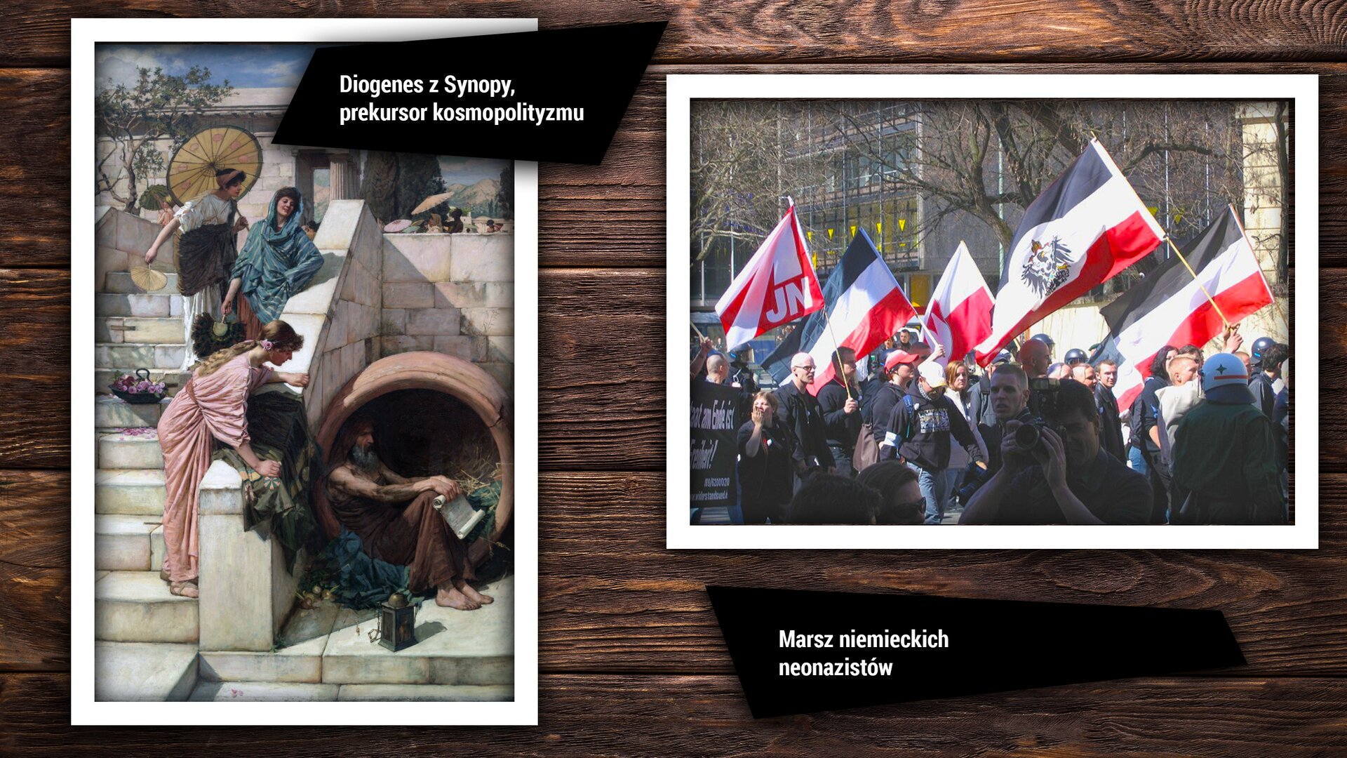 W prostokątnym polu znajdują się dwie ilustracje. Ilustracja pierwsza przedstawia trzy kobiety stojące na kamiennych schodach. Kobiety ubrane są w strojne, kolorowe szaty. Jedna z kobiet osłania się parasolką. Z boku zdjęcia widzimy mężczyznę siedzącego w beczce. Mężczyzna ma długą brodę, nieporządną fryzurę, jest ubrany w brązowe ubranie. Nie ma butów. W ręku trzyma zwinięty rulon papieru. Przy beczce, w której siedzi mężczyzna stoi latarnia. Ten mężczyzna to Diogenes z Synopy.Ilustracja druga przedstawia dużą ilość ludzi, w większości mężczyzn. Maszerują na ulicy, w tle widać budynki. Ludzie niosą flagi czarno-biało-czerwone oraz flagi czerwone z białymi dużymi literami JN. Ilustracja prezentuje marsz niemieckich neonazistów