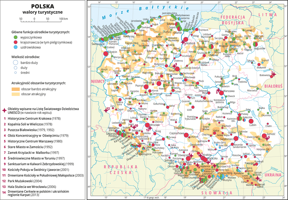 Ilustracja przedstawia mapę Polski. Na mapie przedstawiono walory turystyczne. Główne ośrodki turystyczne podzielono na wypoczynkowe, krajoznawcze i uzdrowiskowe i przedstawiono w postaci kół w kolorze zielonym, czerwonym i niebieskim. Nad morzem, nad jeziorami i w górach oznaczono ośrodki turystyczne. Część z nich pełni jednocześnie kilka funkcji, więc sygnatury kół, którymi je oznaczono są w różnych kolorach. Wielkość ośrodków zróżnicowano wielkością sygnatur. Największe oznaczono dużymi kółkami i są to głównie miasta wojewódzkie, ale również popularne miejscowości wypoczynkowe w górach i nad morzem jak Karpacz, Zakopane, Kołobrzeg czy Świnoujście. W pozostałych rejonach czerwonym kółkiem oznaczono ośrodki krajoznawcze. Na mapie kolorem pomarańczowym oznaczono atrakcyjność obszarów turystycznych. Obszary atrakcyjne występują na pojezierzach, na Wyżynie Małopolskiej i w górach. Na mapie oznaczono sygnaturą z numerem obiekty wpisane na Listę Światowego Dziedzictwa UNESCO. Ich nazwy wraz z rokiem wpisu na listę opisano w legendzie mapy. Na mapie przedstawiono południki i równoleżniki. Dookoła mapy w ramce opisano współrzędne geograficzne co jeden stopień. W legendzie z lewej strony mapy opisano znaki użyte na mapie.