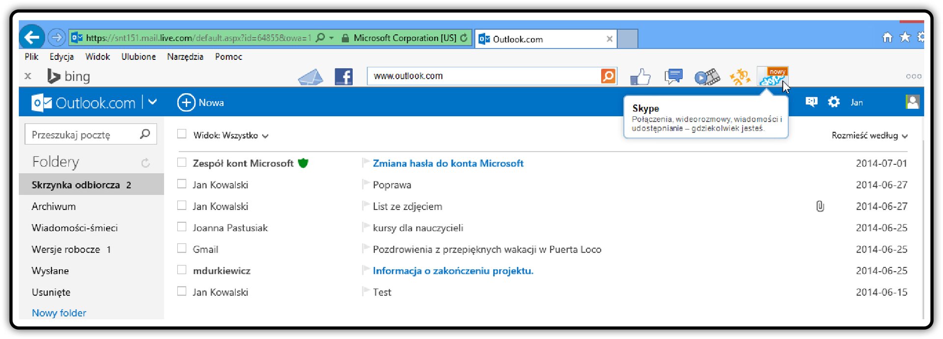 Zrzut skrzynki odbiorczej poczty Outloock.com z widocznym paskiem narzędzi Bing Bar