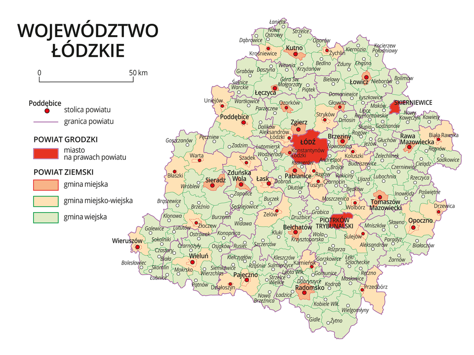 Mapa województwa łódzkiego. Na mapie fioletowymi liniami zaznaczono granice powiatów ziemskich, dużymi czerwonymi kropkami zaznaczono miasta będące stolicami powiatów. W obrębie powiatów ziemskich kolorami wyróżniono gminy miejskie, miejsko-wiejskie i wiejskie. Czerwonym kolorem wyróżniono powiaty grodzkie z miastami na prawach powiatu, miasta te opisano dużymi literami. Kolory i znaki użyte na mapie opisano w legendzie. W legendzie podziałka liniowa.