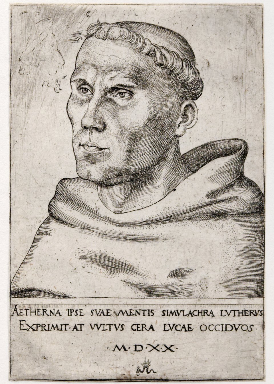 Marcin Luter jako mnich Źródło: Lucas Cranach młodszy, Marcin Luter jako mnich, 1520, miedzioryt, Victoria and Albert Museum, domena publiczna.