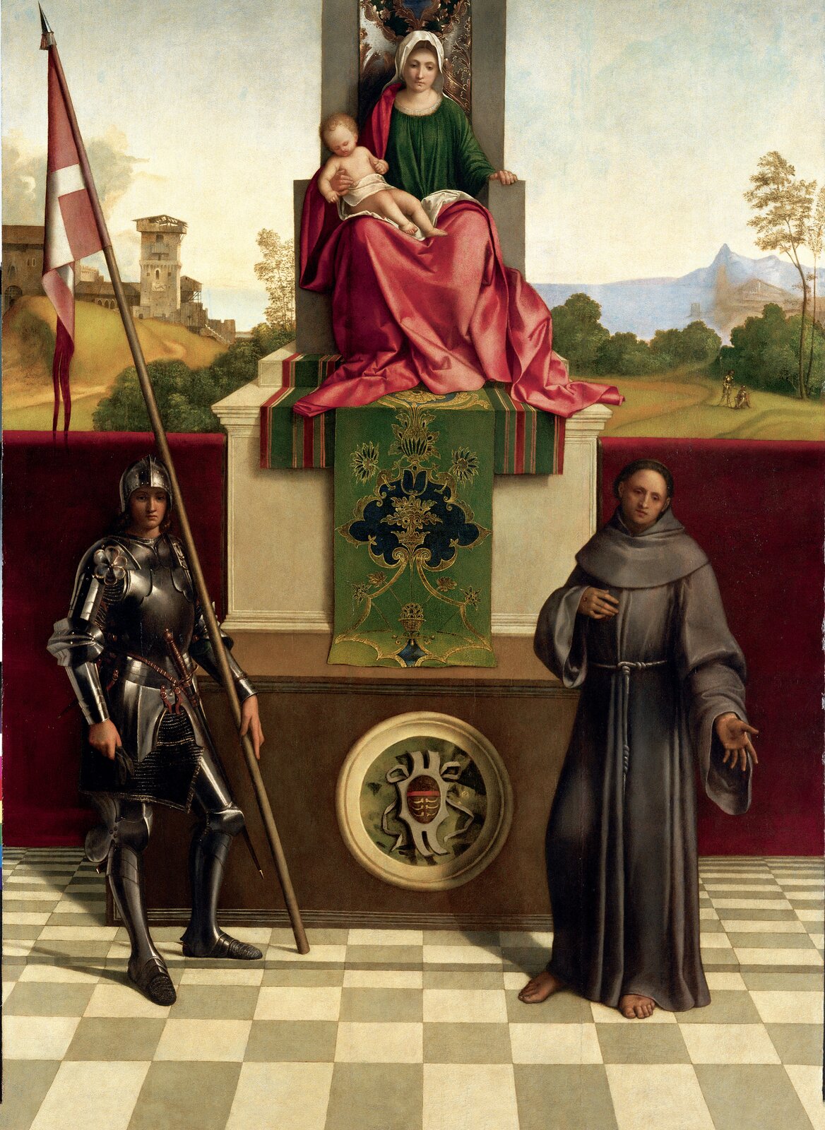 Ilustracja interaktywna o kształcie pionowego prostokąta przedstawia obraz Giorgione’a „Madonna z Castelfranco”. W centrum obrazu znajduje się wysoki tron, na którym siedzi Madonna z małym Jezusem na kolanach. Ma na sobie zieloną suknię i czerwony, długi płaszcz. Pod tronem znajduje się zielony dywan z wzorami, opuszczony w dół na wysoki postument, dekorowany okrągłym herbem. Maria lewą rękę opiera na poręczy tronu, prawą podtrzymuje dziecko przepasane białą szatą. Po lewej stronie stoi rycerz w zbroi trzymając w lewym ręku chorągiew na długim drzewcu. Po prawej stoi bosy zakonnik w brązowej szacie. Lewą rękę ma skierowaną w stronę widza, prawą wskazuje na pierś. W tle obrazu widoczny jest pejzaż z fragmentem miasta. Tło stanowi jasne niebo z widocznym w oddali pasmem gór.