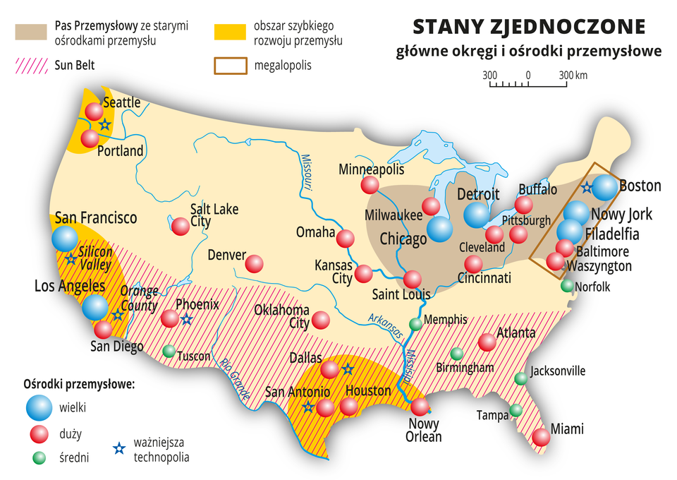 Ilustracja przedstawia mapę Stanów Zjednoczonych Ameryki Północnej. Kolorami wyróżniono Pas Przemysłowy ze starymi ośrodkami przemysłu w północno-wschodniej części kraju (Minneapolis, Chicago, Detroit, Waszyngton, Baltimore, Filadelfia, Nowy Jork, Boston) i obszary szybkiego rozwoju przemysłu na zachodnim wybrzeżu i południu kraju (Portland, Seattle, San Francisco, Los Angeles, Dallas, Houston, Nowy Orlean). Miasta oznaczono kolorowymi sygnaturami uwzględniającymi wielkość ośrodków, powyższe miasta zaliczane są do wielkich i dużych ośrodków przemysłowych. Południową część Stanów Zjednoczonych zakreskowano, wydzielając pas Sun Belt, charakteryzujący się wysokimi temperaturami. W legendzie opisano kolory i znaki użyte na mapie.