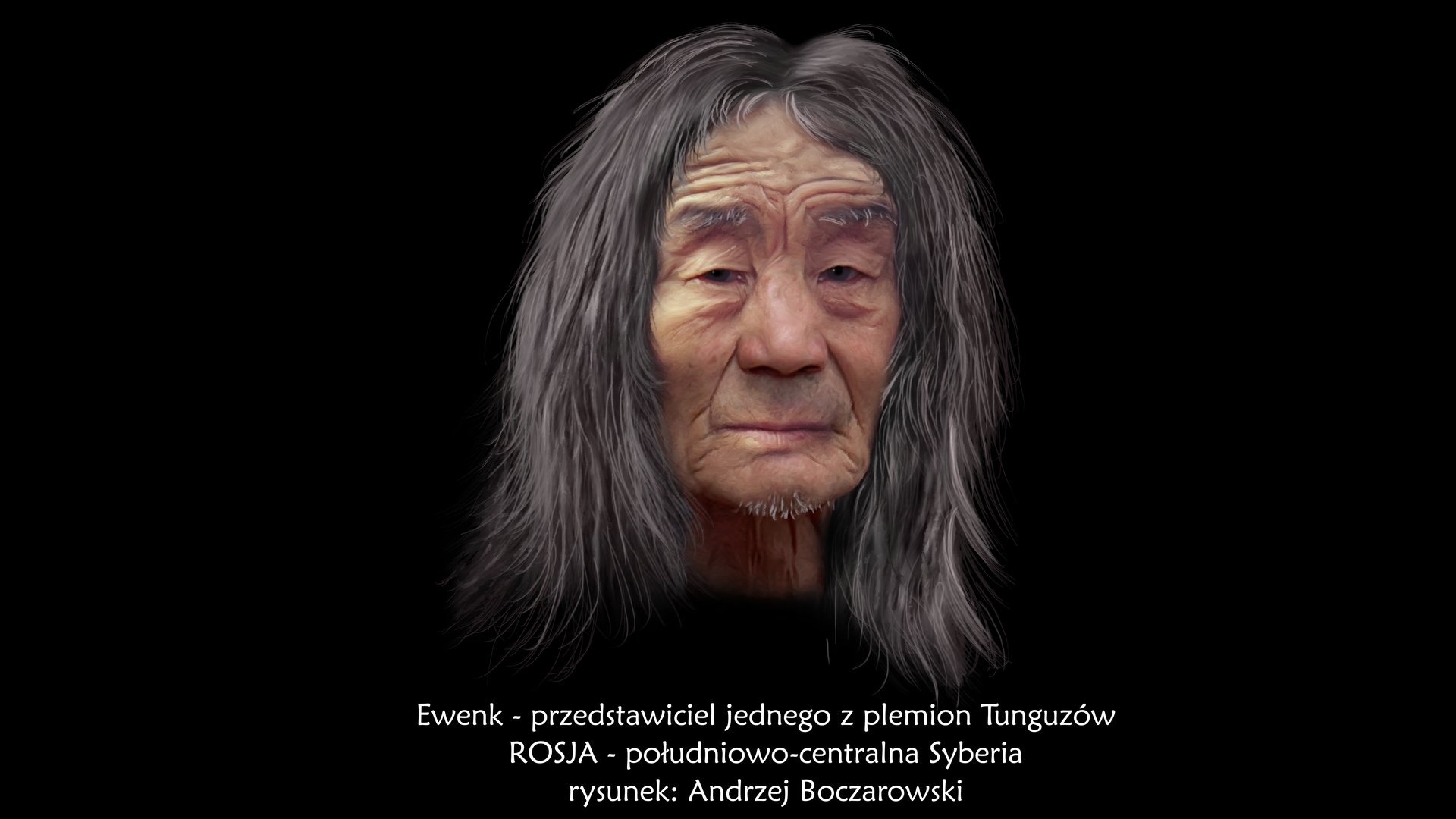 Ilustracja prezentuje portret Ewenka. Jest to, starszy mężczyzna o jasnej karnacji, pociągłej płaskiej twarzy, krótkim czole ze zmarszczkami oraz długich czarnych włosach z pasmami włosów siwych.