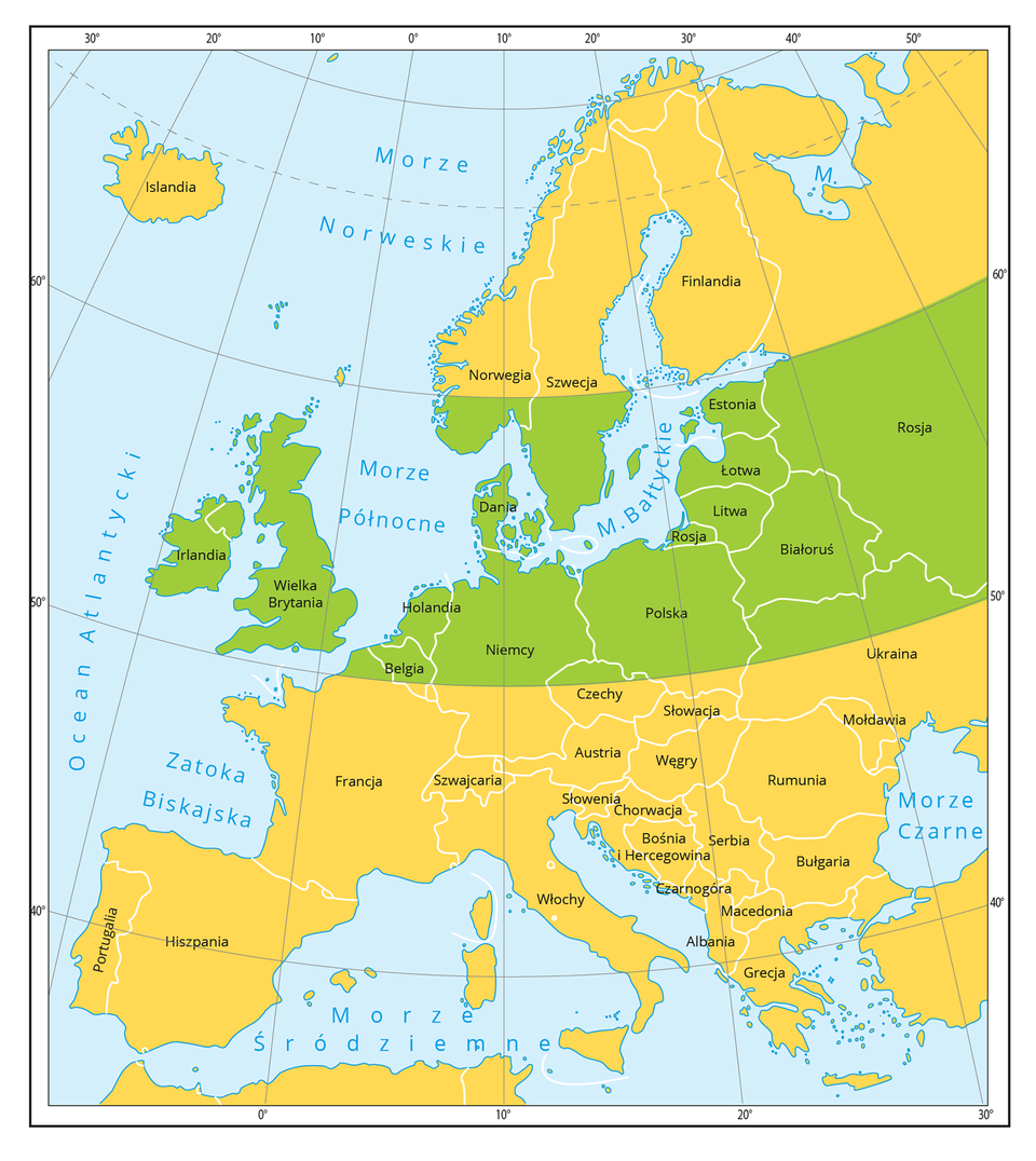 Ilustracja przedstawia mapę Europy w Kolorzach: pomarańczowym i zielonym. Zielony oznacza strefę korzystną do uprawy ziemniaka.