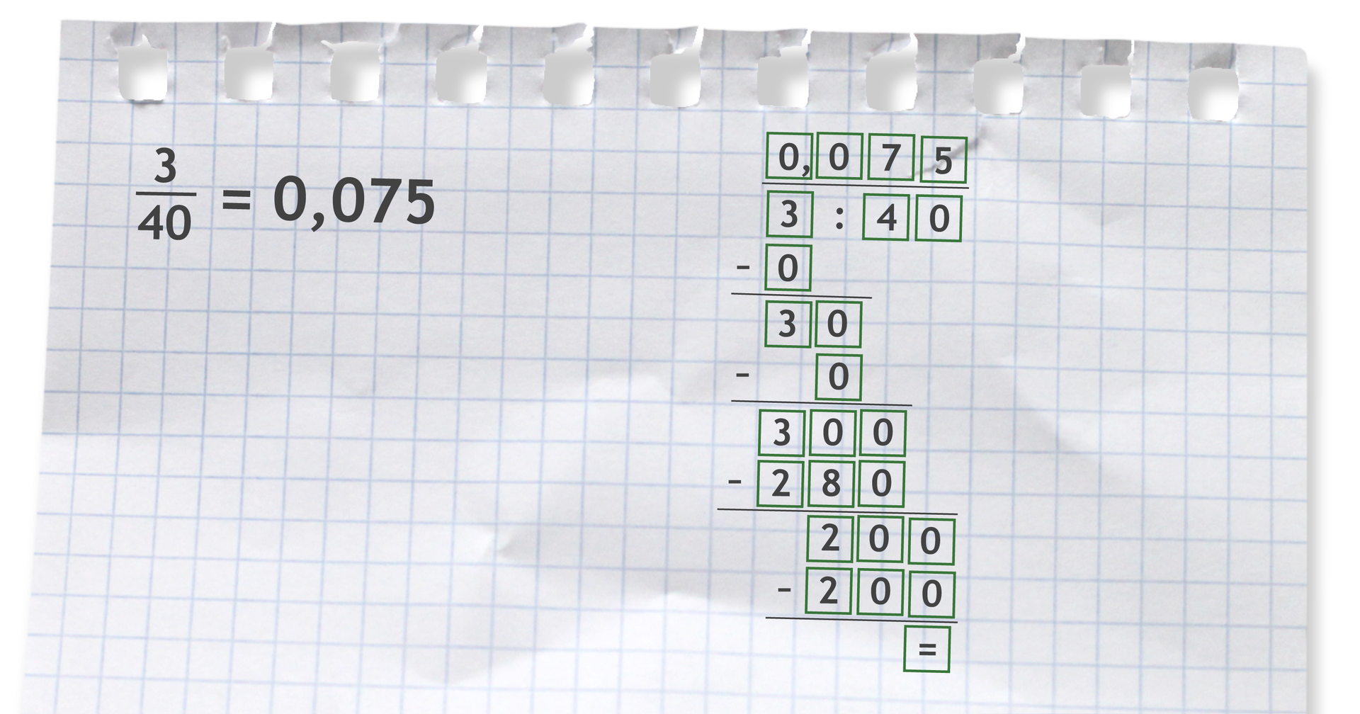 Przykład: trzy czterdzieste = 0,075 bo 3 dzielone przez 40 =0,075.