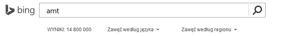 Zrzut paska wyszukiwarki Bing z wpisanym amt oraz widocznym wynikiem wyszukiwania