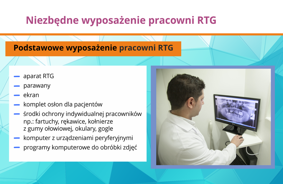 Ilustracja przedstawia niezbędne wyposażenie pracowni RTG.