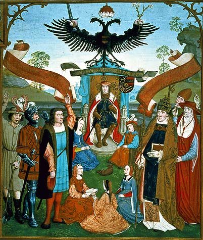 Symboliczne przedstawienie społeczeństwa stanowego z początku XVI w. Miniatura z 1515 r., namalowana w dziele Petrusa Almaire w „Liber missarum” Małgorzaty Austriaczki (Magarethe von Österreich). Symboliczne przedstawienie społeczeństwa stanowego z początku XVI w. Miniatura z 1515 r., namalowana w dziele Petrusa Almaire w „Liber missarum” Małgorzaty Austriaczki (Magarethe von Österreich). Źródło: Petrus Almaire, domena publiczna.