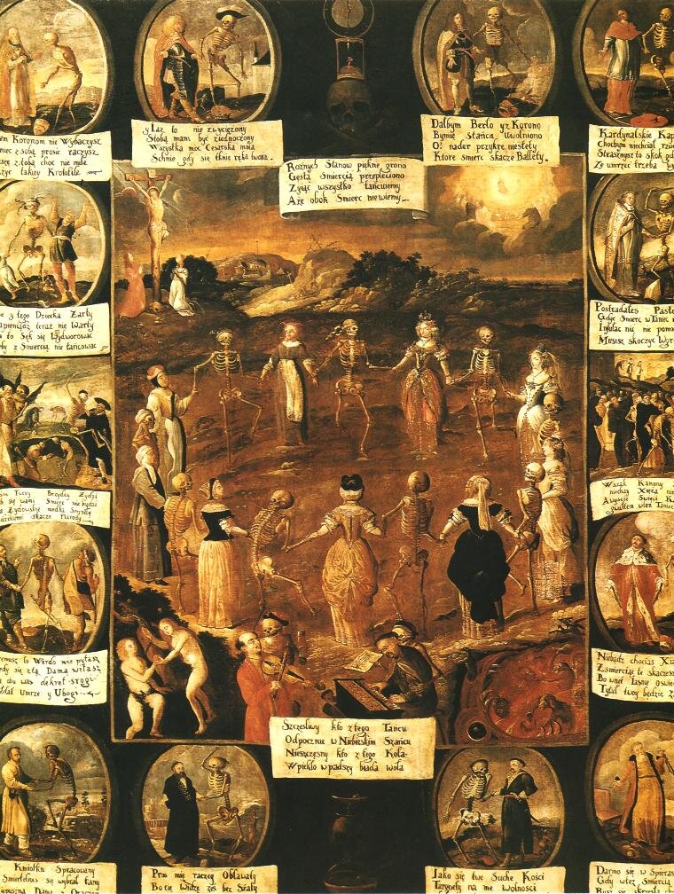 Taniec śmierci Źródło: Taniec śmierci, około 1670, olej na płótnie, kościół ojców Bernardynów w Krakowie, domena publiczna.