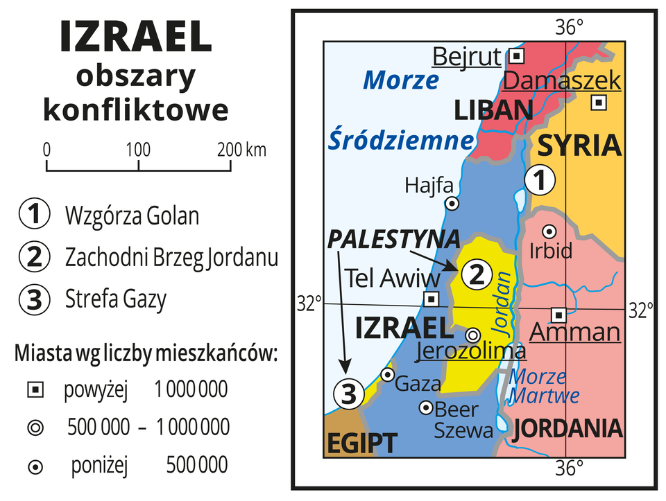 Ilustracja przedstawia obszary objęte konfliktami w rejonie Izraela. Państwa wyróżnione kolorami i opisane. Oznaczono i opisano miasta. Oznaczono cyframi konflikty w rejonie Wzgórza Golan, Zachodniego Brzegu Jordanu i Strefy Gazy. Mapa pokryta jest równoleżnikami i południkami. Dookoła mapy w białej ramce opisano współrzędne geograficzne.