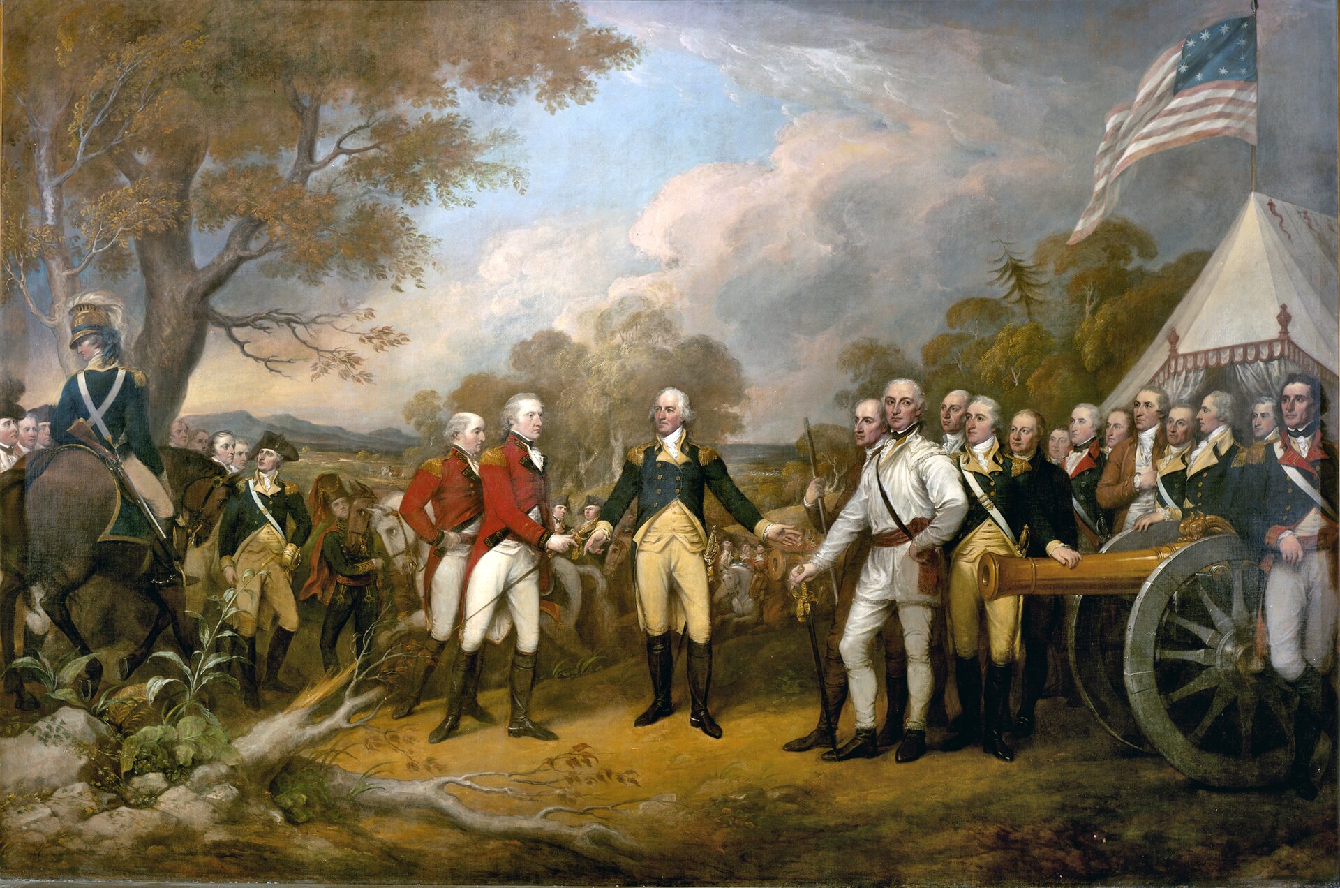 Scena kapitulacji brytyjskiego gen. Johna Burgoyne przed gen. Horatio Gates’em po bitwie pod Saratogą w 1777 r. Obraz Johna Trumbulla (1756-1843) eksponowany na Kapitolu w Waszyngtonie powstał w 1822 r. na zamówienie Kongresu. Cała seria zamóionych w tym czasie dzieł stanowić miały ilustrację wydarzeń historycznych związanych z nowopowstałym państwem. Stąd malarz uważany jest za twórcę amerykańskiego malarstwa historycznego. Trumbull był podczas wojny o niepodległość m.in. sekretarzem J. Waszyngtona i gen Horatio Gates’a, jednak z armii wystąpił jeszcze przed namalowaną później przez siebie bitwą. Scena kapitulacji brytyjskiego gen. Johna Burgoyne przed gen. Horatio Gates’em po bitwie pod Saratogą w 1777 r. Obraz Johna Trumbulla (1756-1843) eksponowany na Kapitolu w Waszyngtonie powstał w 1822 r. na zamówienie Kongresu. Cała seria zamóionych w tym czasie dzieł stanowić miały ilustrację wydarzeń historycznych związanych z nowopowstałym państwem. Stąd malarz uważany jest za twórcę amerykańskiego malarstwa historycznego. Trumbull był podczas wojny o niepodległość m.in. sekretarzem J. Waszyngtona i gen Horatio Gates’a, jednak z armii wystąpił jeszcze przed namalowaną później przez siebie bitwą. Źródło: John Trumbull, 1821, Olej na płótnie, United States Capitol, domena publiczna.