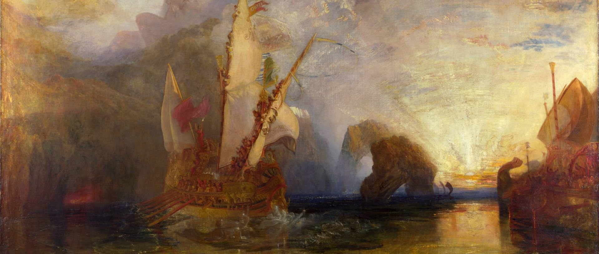 Odys drwi z Polifema Źródło: Joseph Mallord William Turner, Odys drwi z Polifema, 1829, olej na płótnie, National Gallery w Londynie, domena publiczna.