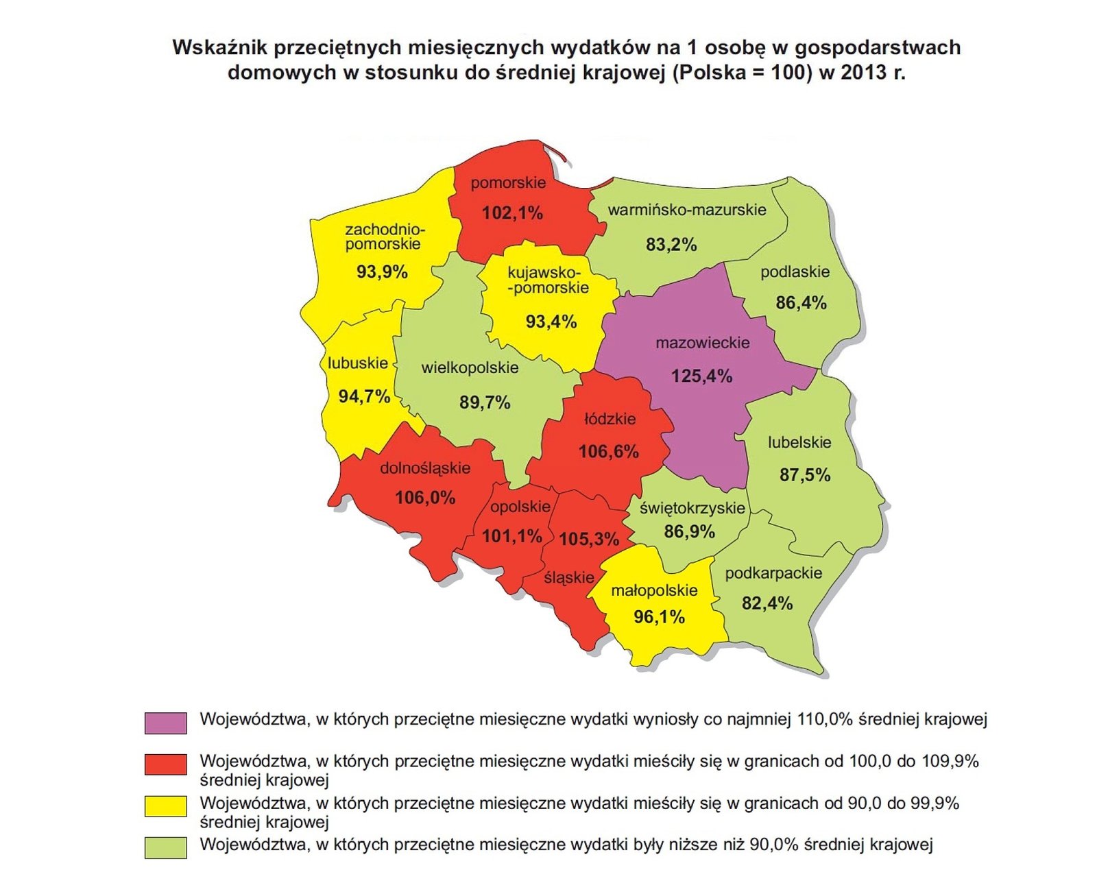 Mapa Polski przedstawiająca wskaźnik przeciętnych wydatków miesięcznych