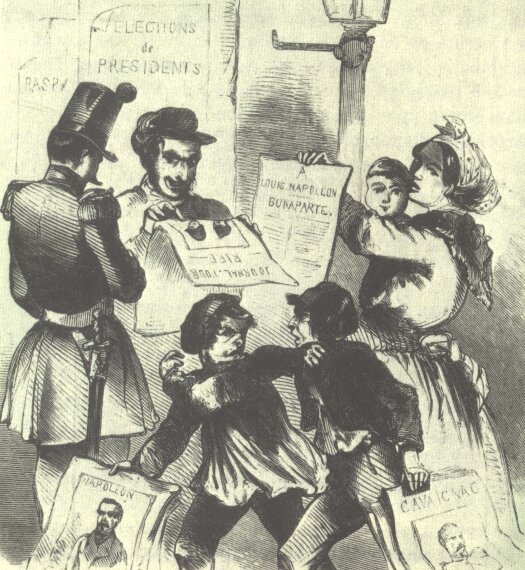 Rysunek satyryczny z epoki Źródło: Illustrierte Zeitung, Rysunek satyryczny z epoki, 1848, domena publiczna.