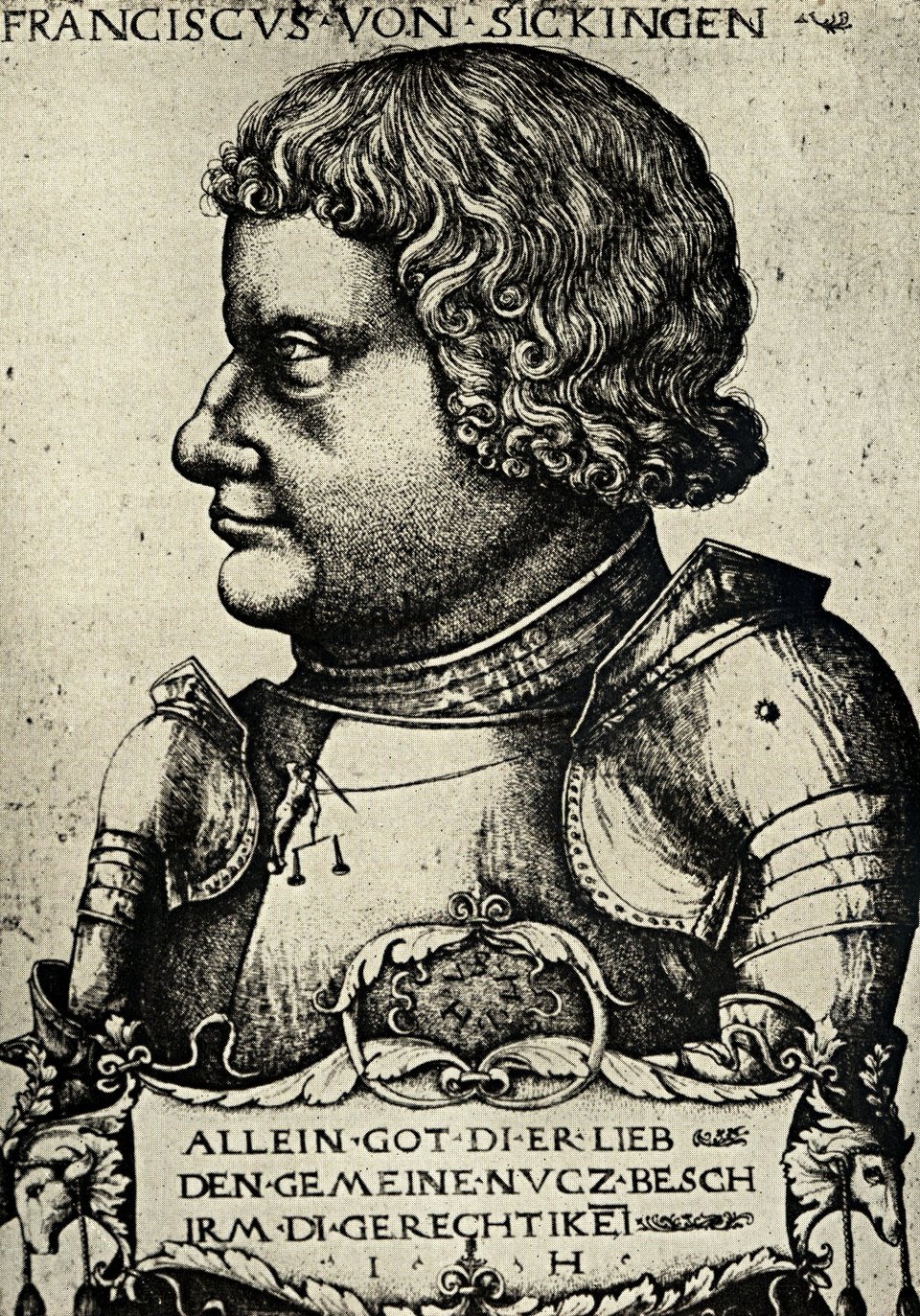 Franz von Sickingen – przywódca wojny rycerskiej Źródło: Hieronymus Hopfer, Franz von Sickingen – przywódca wojny rycerskiej, ok. 1520, akwaforta, domena publiczna.