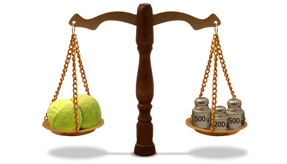 Rysunek wagi szalkowej. Na jednej szalce 2 kapusty, na drugiej trzy odważniki 500 g, 200 g i 500 g.