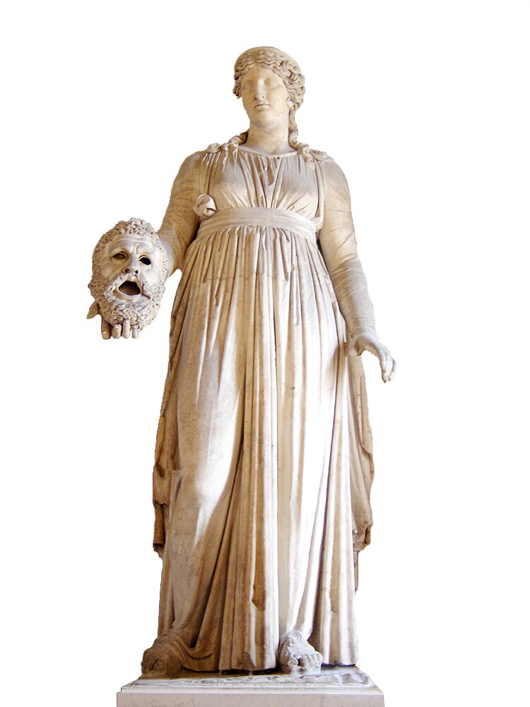 Melpomene Wyobrażenie Melpomene. Dziś rzeźba ta (być może pierwotnie znajdująca się w rzymskim teatrze Pompejach) jest eksponatem w muzeum w Luwrze w Paryżu. Źródło: Melpomene, Muzeum Luwru, licencja: CC BY-SA 2.5.