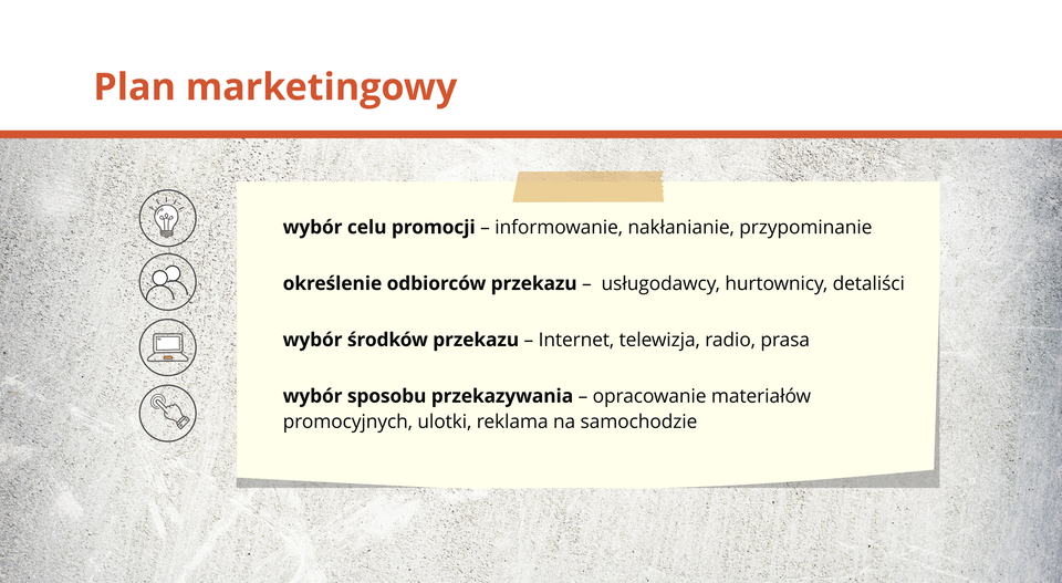 Grafika zawiera elementy tworzenia planu marketingowego.