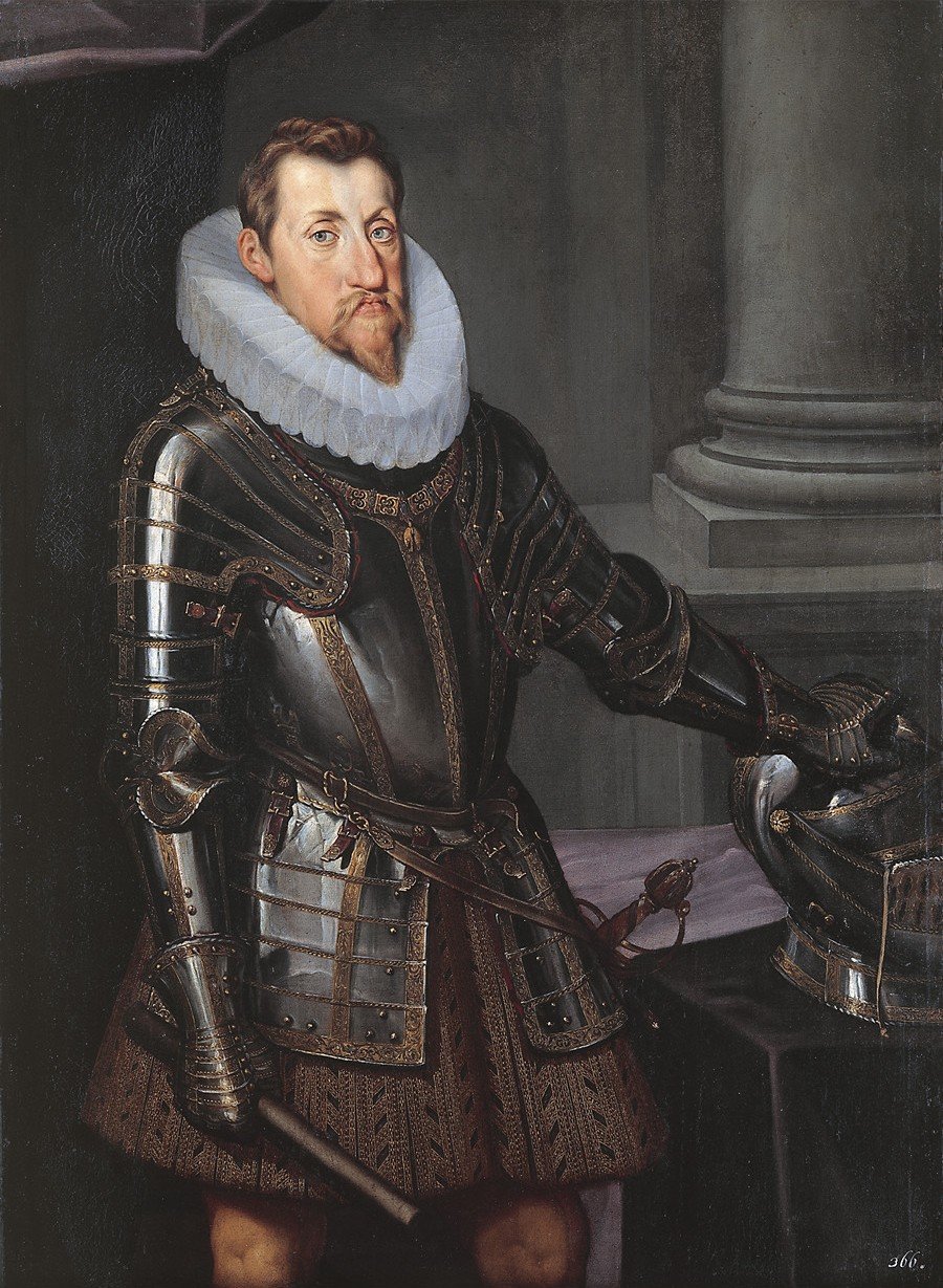 Portret Ferdynanda II, Świętego Cesarza Rzymskiego (1578-1637) Cesarz Ferdynand II Habsburg przedstawiony jako wojownik. Król Czech w latach 1617-1637 (z przerwą od roku 1618, kiedy został zdetronizowany do roku 1620, gdy powrócił na tron po wygranej bitwie pod Białą Górą) i Węgier w latach 1618-1637, Święty Cesarz Rzymski w latach 1619-1637. Źródło: artysta nieznany (prawdopodobnie austriacki), Portret Ferdynanda II, Świętego Cesarza Rzymskiego (1578-1637), ok. 1614, olej na płótnie, Muzeum Historii Sztuki w Wiedniu, domena publiczna.