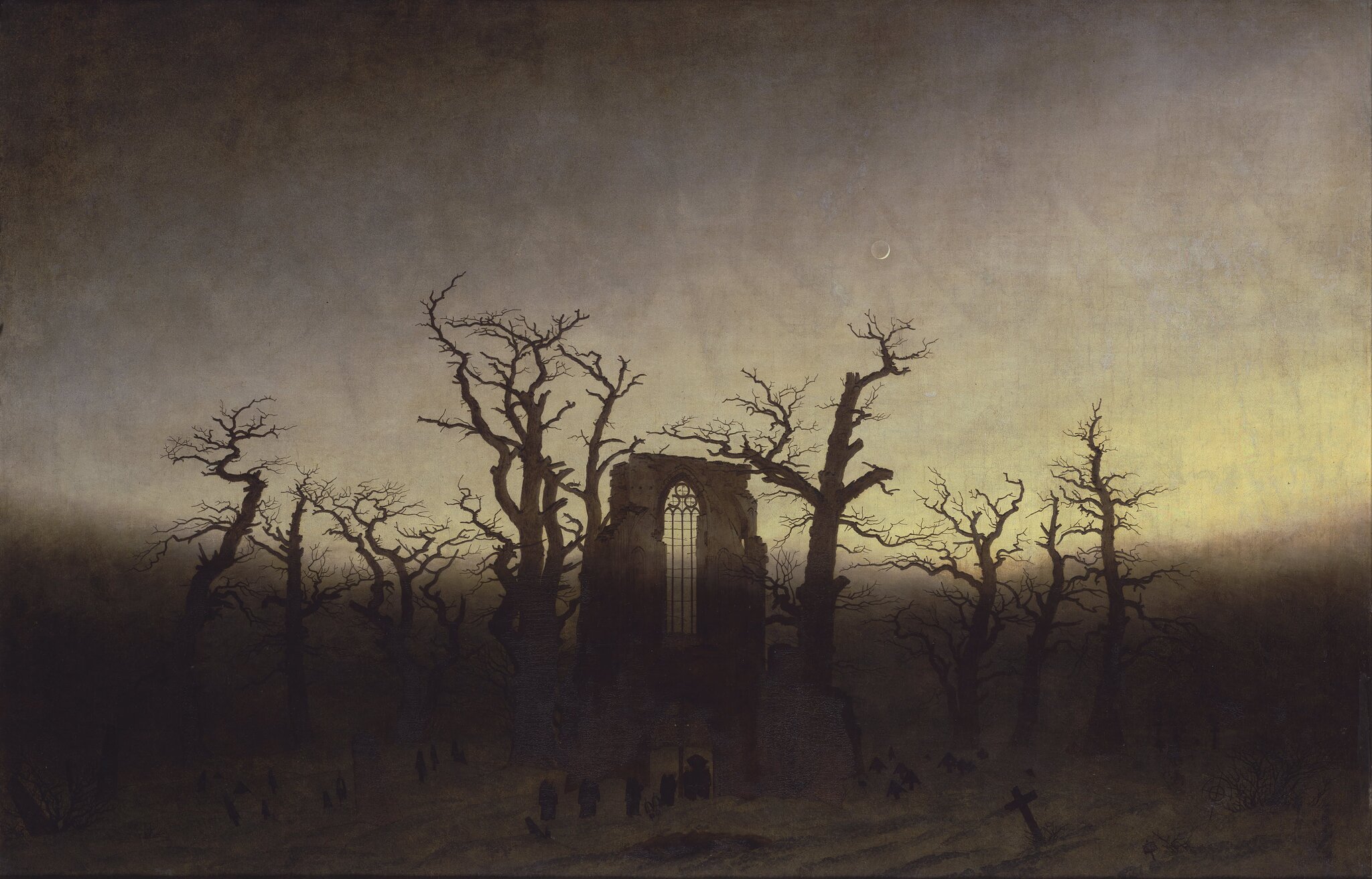 Opactwo w dębowym lesie Źródło: Caspar David Friedrich, Opactwo w dębowym lesie, 1809–1810, olej na płótnie, Alte Nationalgalerie, Berlin, domena publiczna.