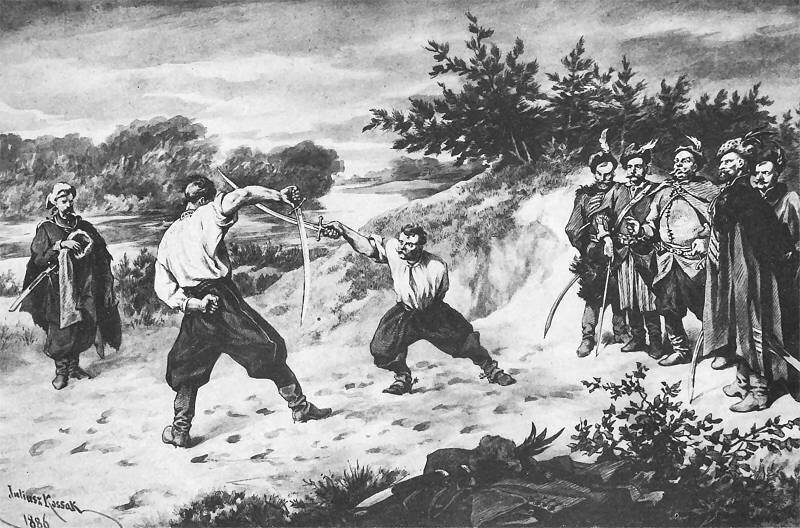 Pojedynek Wołodyjowskiego z Bohunem Źródło: Juliusz Kossak, Pojedynek Wołodyjowskiego z Bohunem, 1886, rysunek: sepia i piórko, domena publiczna.