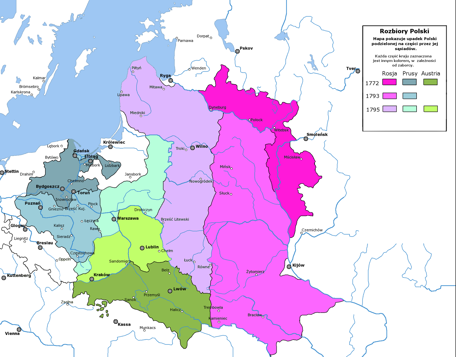 Rozbiory Polski Źródło: Halibutt, Rozbiory Polski, licencja: CC BY-SA 3.0.