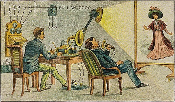 Francja w roku 2000. Video-telefon Źródło: Villemard, Francja w roku 2000. Video-telefon, 1910, domena publiczna.