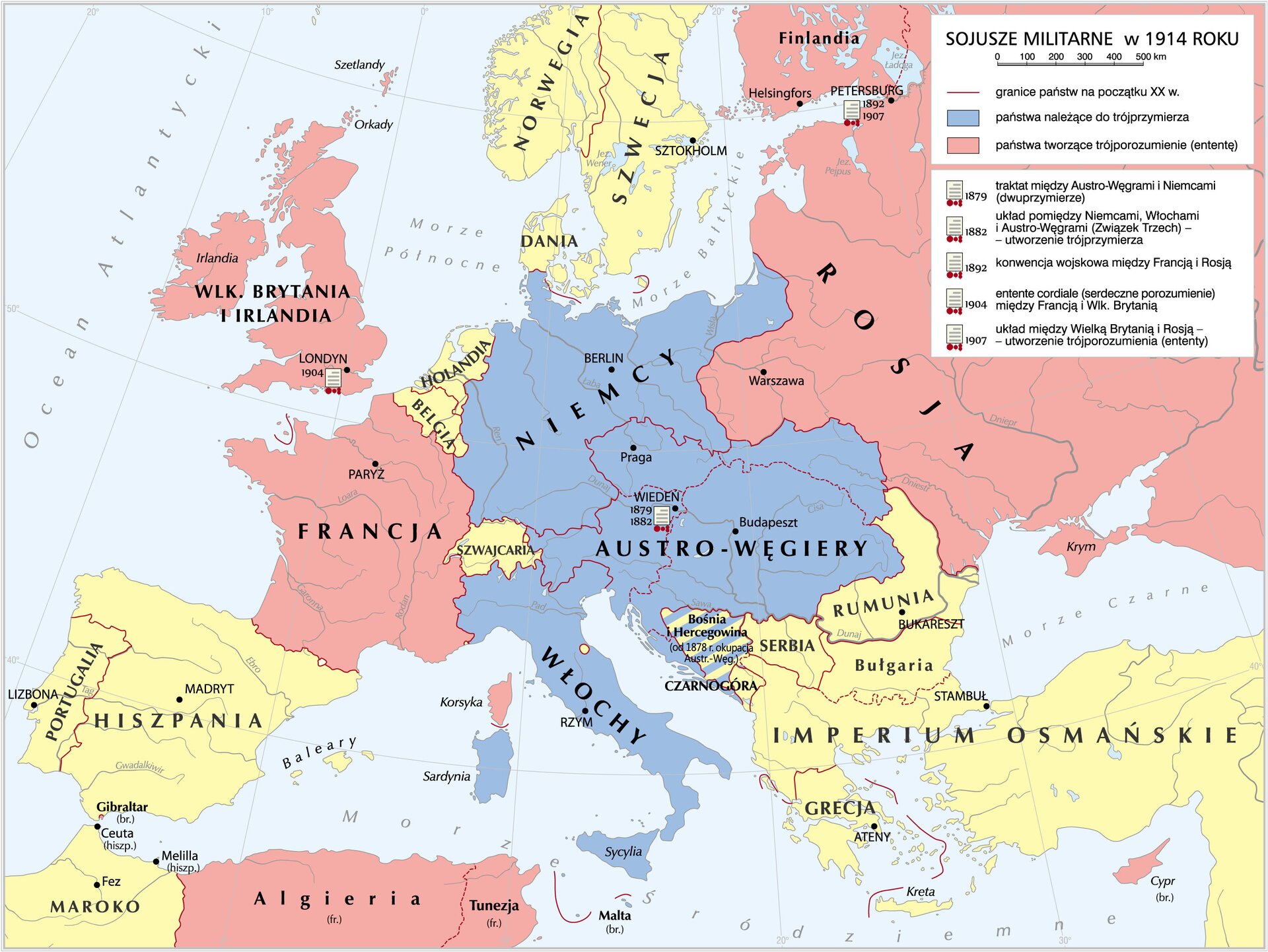 mapa Europy z przedstawionymi sojuszami militarnymi w 1914 roku