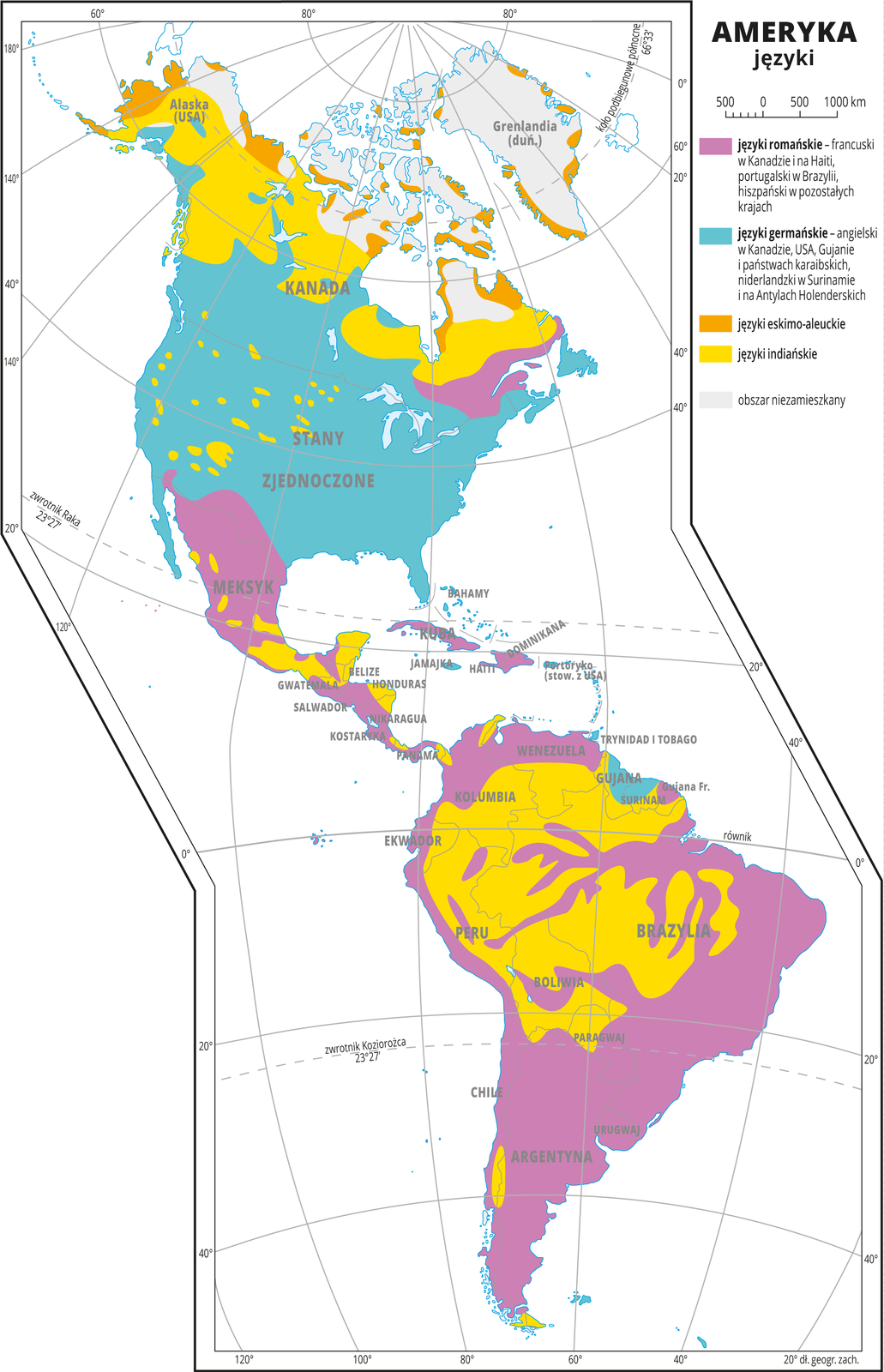 Ilustracja przedstawia mapę rozmieszczenia języków w Ameryce. Kolorami oznaczono języki: języki romańskie – francuski w Kanadzie i na Haiti, portugalski w Brazylii, hiszpański w Meksyku, Wenezueli, Kolumbii. Ekwadorze, Peru, Chile, Boliwii, Paragwaju, Urugwaju i Argentynie. Języki germańskie – angielski w Kanadzie, USA, Gujanie i państwach karaibskich, niderlandzki w Surinamie i na Antylach Holenderskich. Języki eskimo-aleuckie – na północnych krańcach Kanady i na Alasce. Języki indiańskie: północna Kanada i część obszarów państw położonych w dorzeczu Amazonki. Dookoła mapy w białej ramce opisano współrzędne geograficzne co dwadzieścia stopni. W legendzie umieszczono i opisano kolory użyte na mapie.