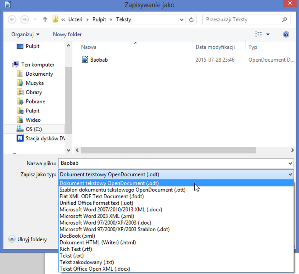 Zrzut okna: Zapisywanie jako z rozwiniętą listą: Zapisz jako typ w programie LibreOffice Writer