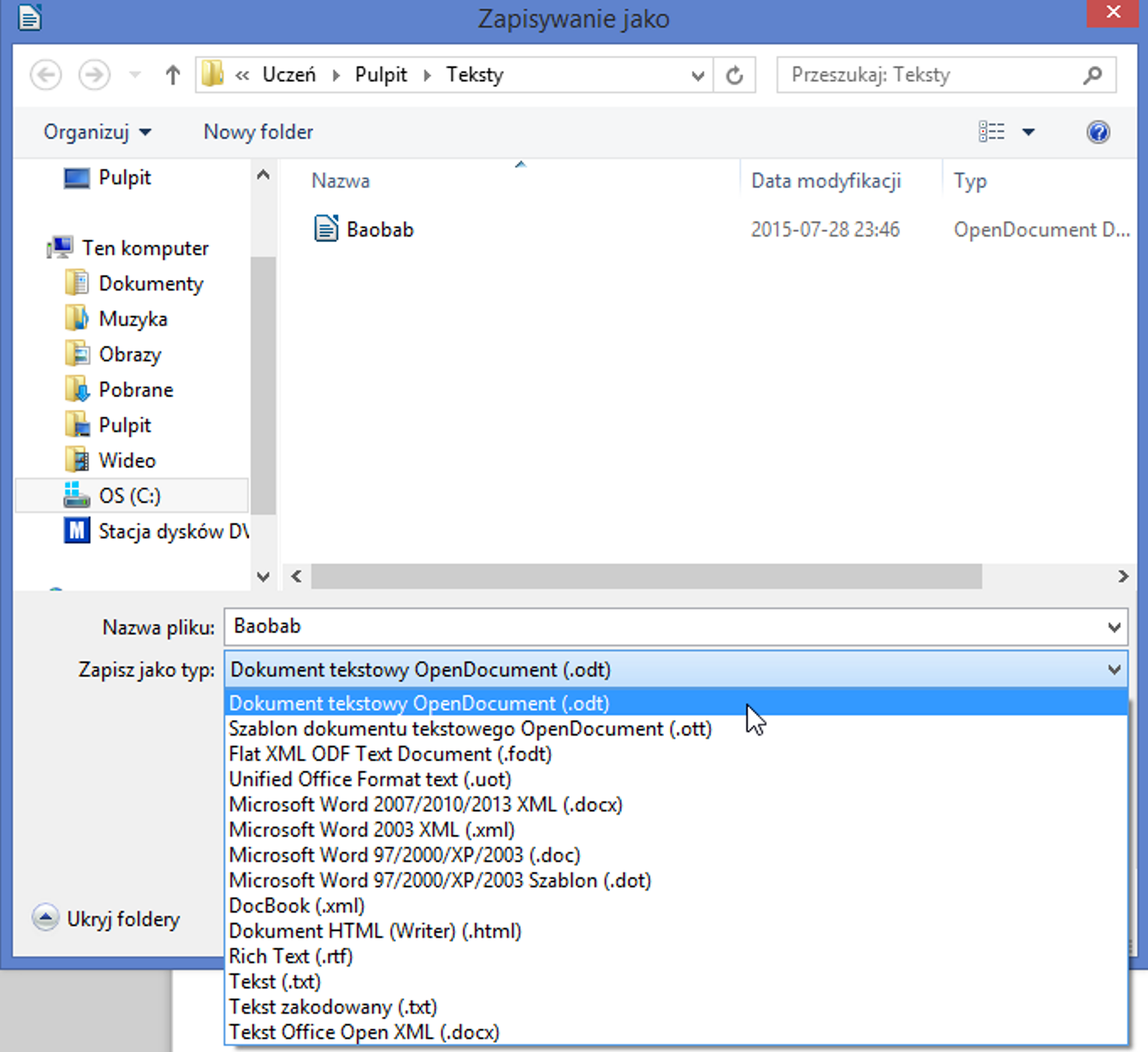 Zrzut okna: Zapisywanie jako z rozwiniętą listą: Zapisz jako typ w programie LibreOffice Writer