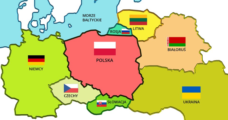 Ilustracja przedstawiająca mapę i flagę Polski i państw ościennych
