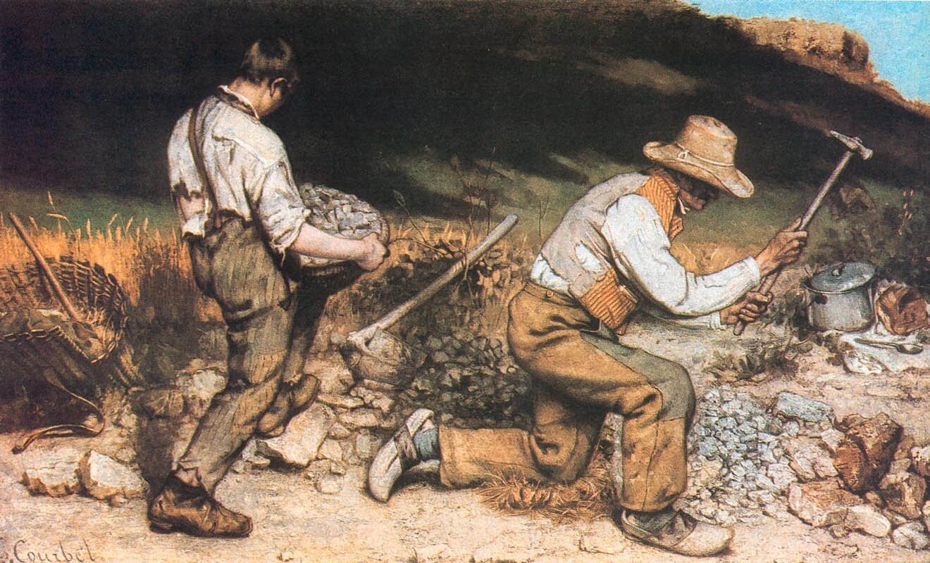 Kamieniarze obraz uległ zniszczeniu podczas nalotu aliantów na Drezno Źródło: Gustav Courbet, Kamieniarze, 1849, olej na płótnie, domena publiczna.